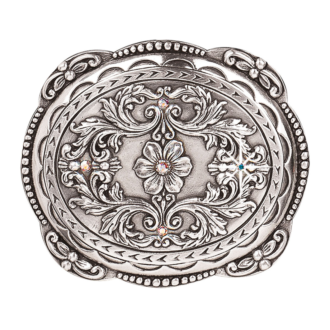 Oval Dotted Edge Floral Crystal Belt Buckle
