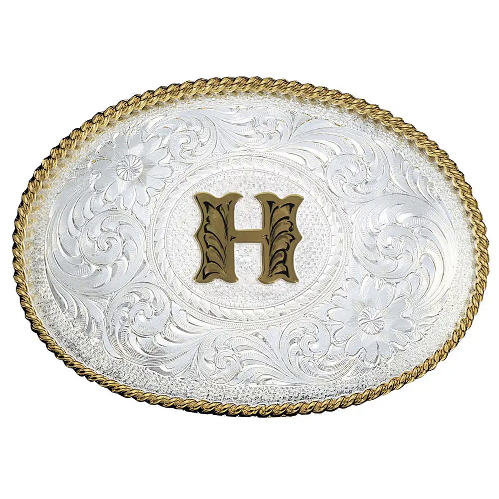 Montana Silversmiths Initial H Silver Engraved Gold Trim Western Buckle