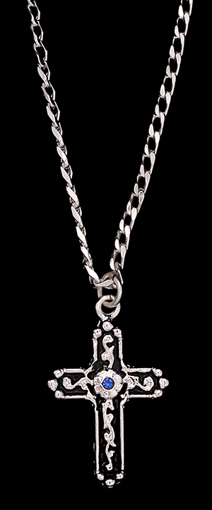M&F Men's Silver Black Cross with Blue Stone Necklace