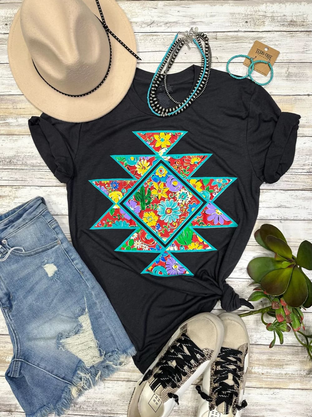 Texas True Threads Ladies' Barb's Red Floral Aztec Tee