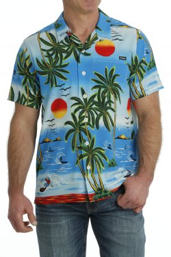 Cinch Hawaiian Sunset Print Button Down Men's Shirt