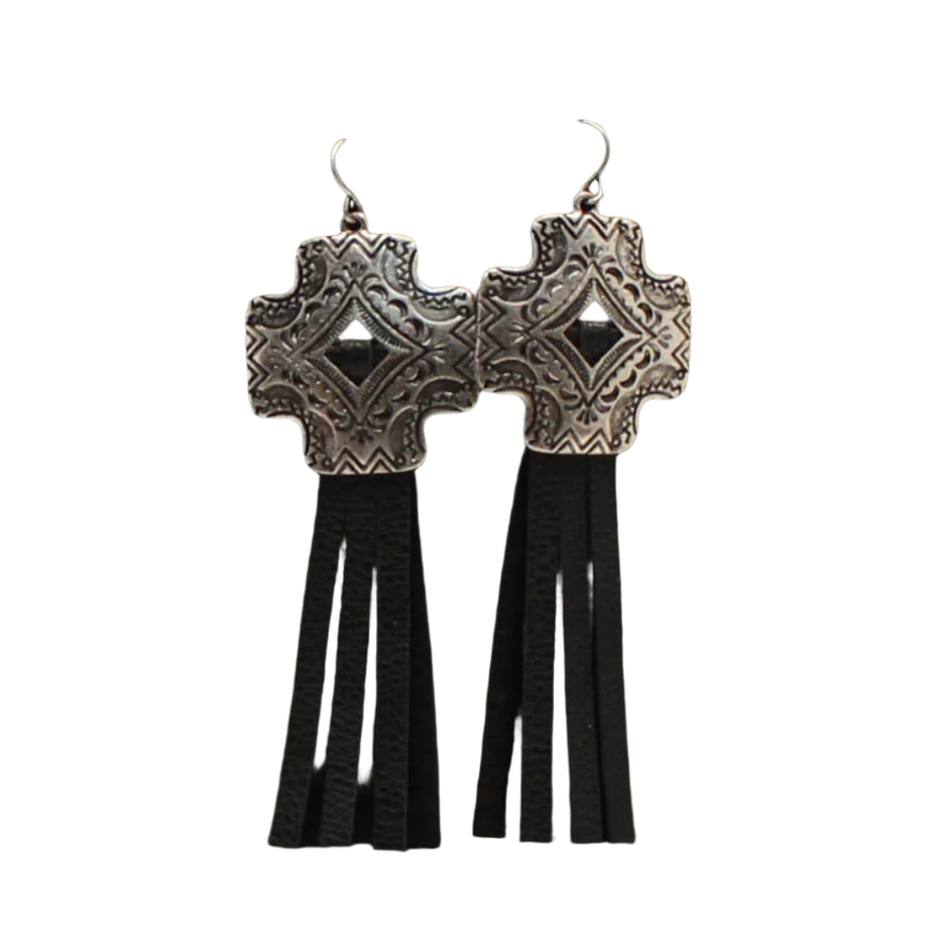 Leather Tassel Cross Earrings