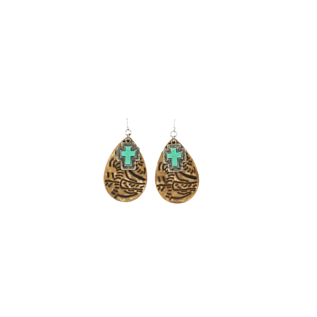 Leather Turquoise Cross Earrings