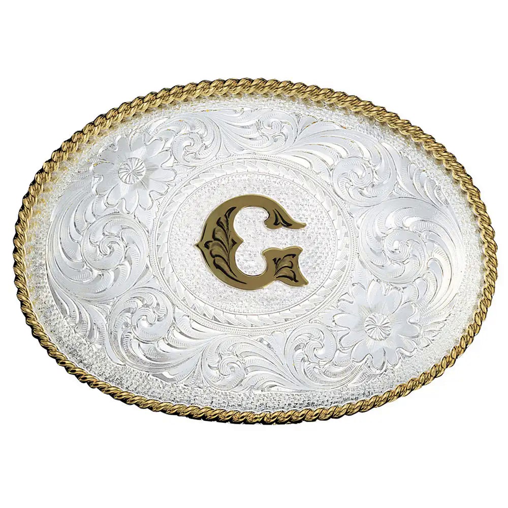 Montana Silversmiths Initial G Silver Engraved Gold Trim Western Buckle