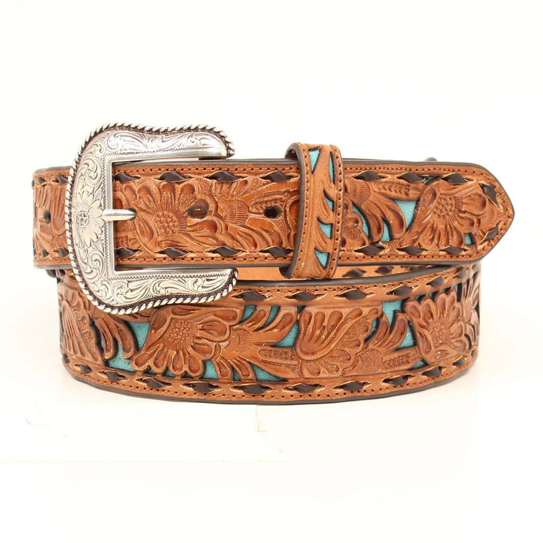 Nocona Floral Embossed Turquoise Inlay Men's Belt