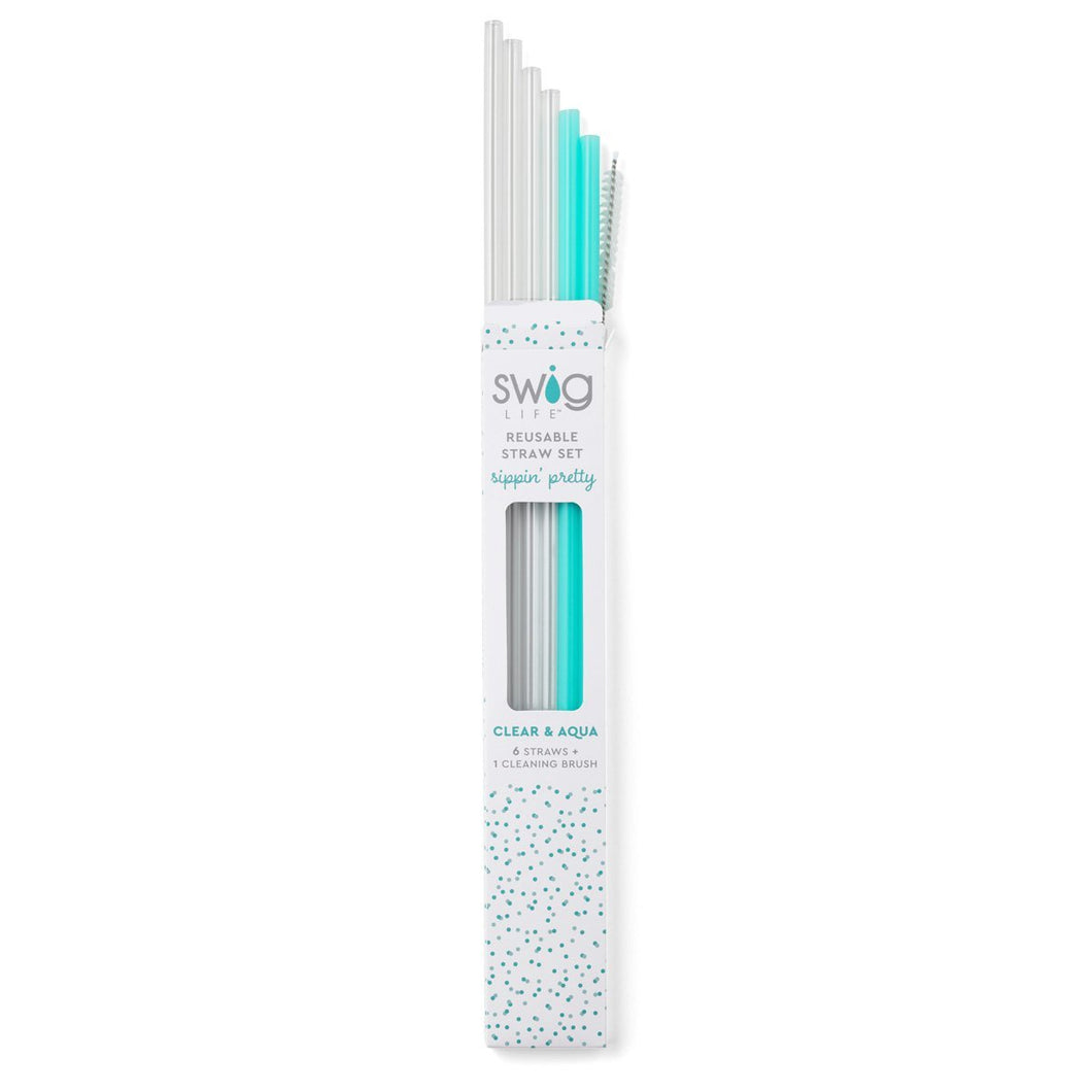 Swig Clear & Aqua Reusable Tall Straw Set