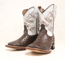Load image into Gallery viewer, Tanner Mark Chocolate Ostrich Print Children&#39;s Boot

