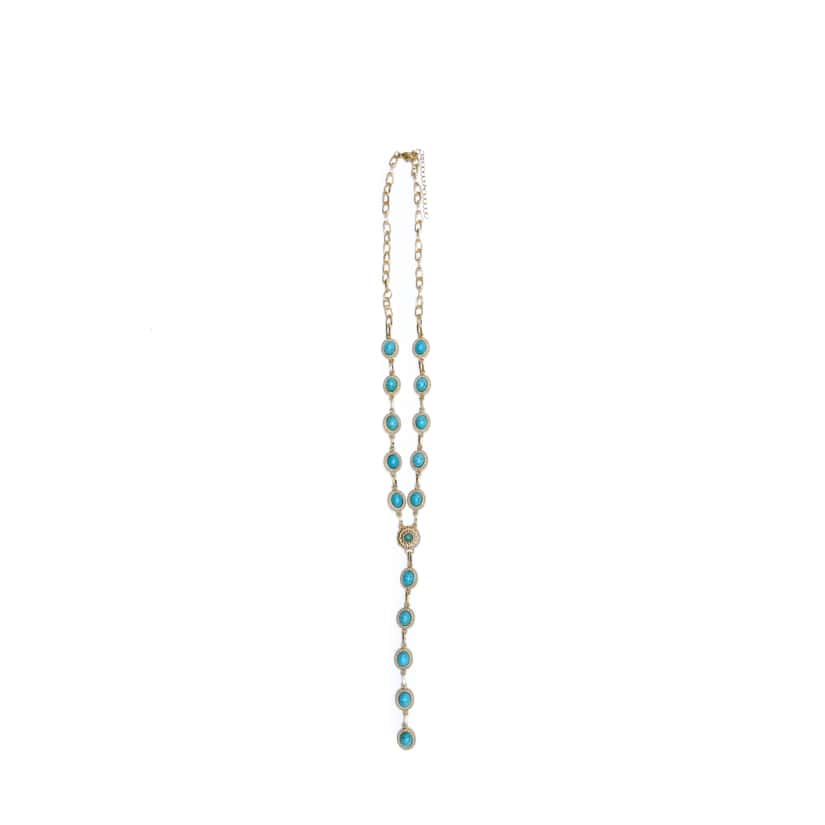 Dainty Burnished Gold Oval Turquoise Concho Lariat Style Necklace
